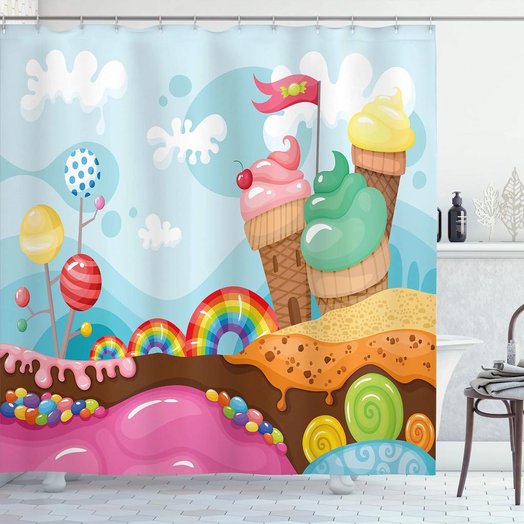 Ice Cream Shower Curtain Summer Flower Rainbow Popsicle Colorful Dots Design Fabric Waterproof Bath Curtain Bathroom Curtain Set
