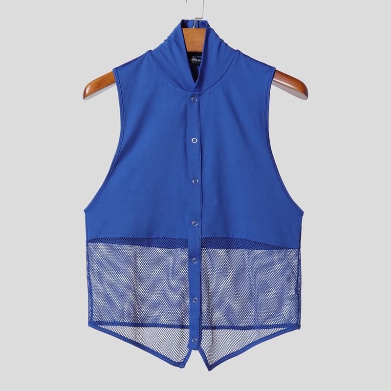 INCERUN Summer Men V Neck Sleeveless Mesh See Through Patchwork Fitted Tank Tops 3XL