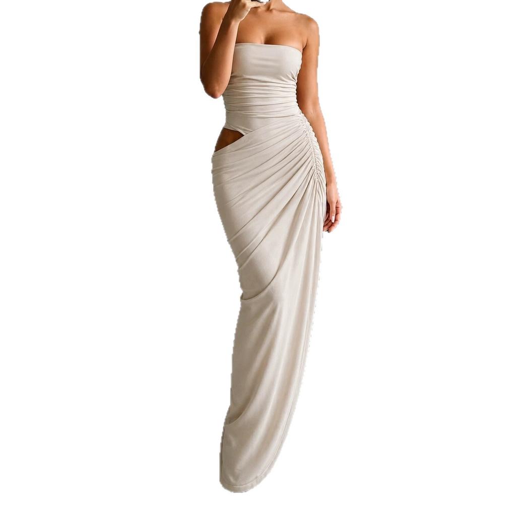 2026 summer new European and American style tube top hollow pleated long dress slim temperament sexy evening dress dress