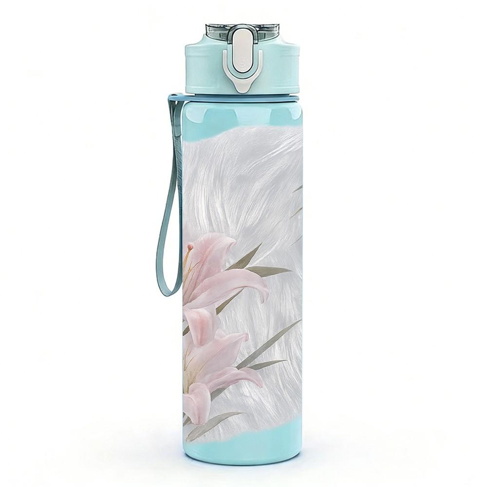 1PC Pale White Lily Flower Art Print 750ml Color Plastic Sports Water Bottle Leakproof Flip Straw Lid Suitable for Sports Office Home Use