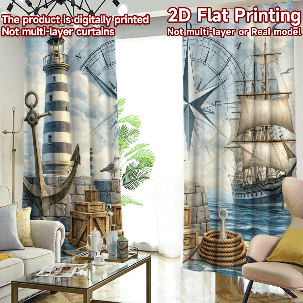 2D FLAT PRINTING 2pcs Curtains (Without Rod) Nautical Lighthouse Scene Popular Creative Curtains Versatile Polyester Curtains