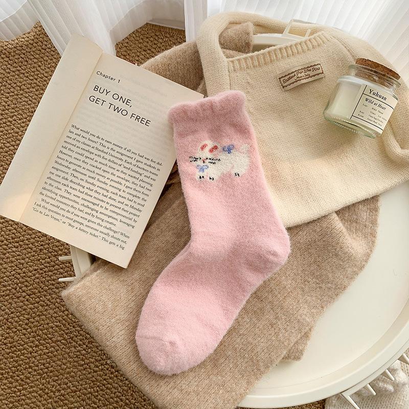 Damen Verdickte Plüsch Samt Laufender Hund Hase Tier Socken Herbst Winter Warme Schlafsocken Weiche Bequeme Halbhohe Socke