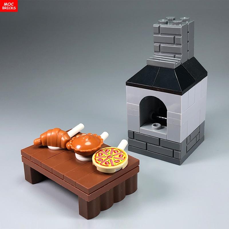 MOC Mattoncini Forno Cucina Pollo arrosto Cibo Pizza Cottura Panino ripieno al vapore Blocchi da costruzione Città Amici Giocattoli fai-da-te per Bambini