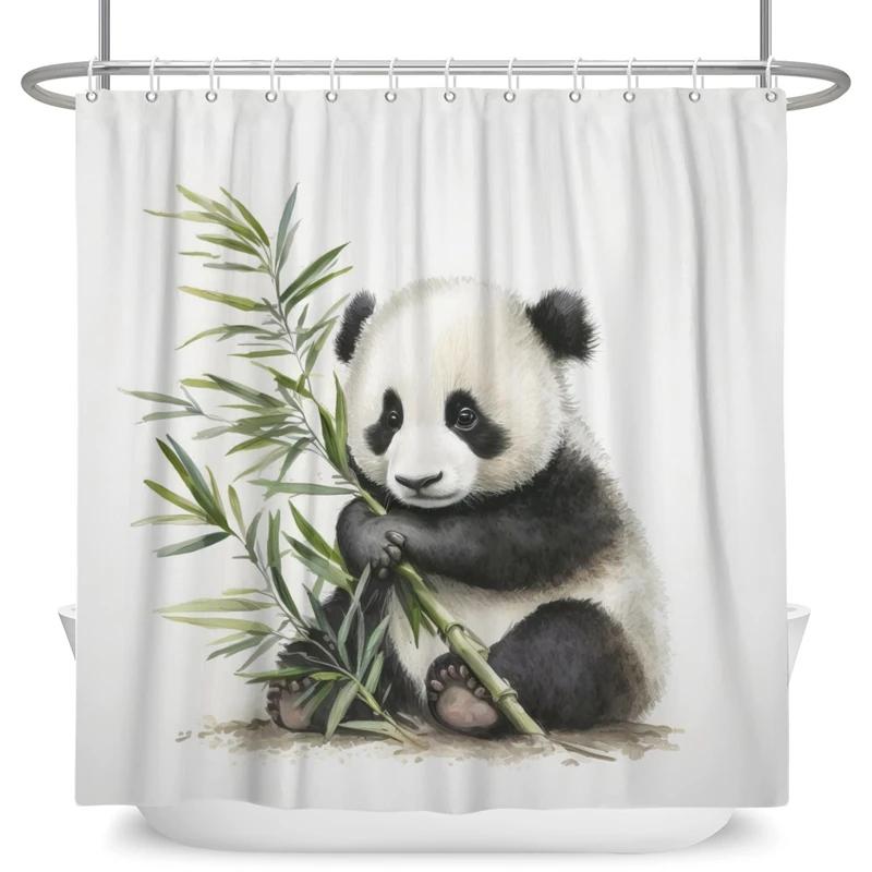 Funny Panda Shower Curtain Cute Pattern Waterproof Polyester Shower Curtain Baby Room Decor Bathtub Curtain Textured With Hooks