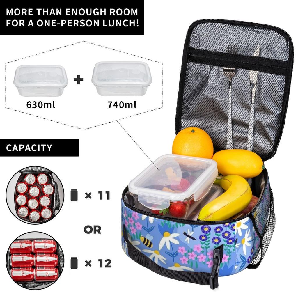 The Pattern Of Bees Picking Flowers Insulated Lunch Bag for Women Kids Portable Food Boxes Thermal Lunch Box Tote