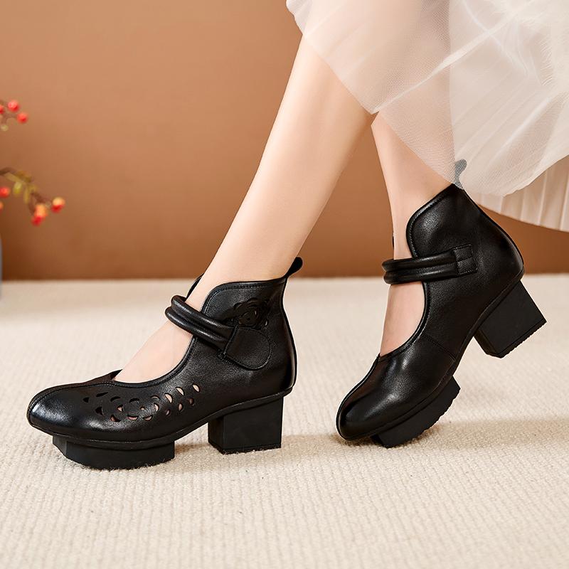 GKTINOO New Women Summer Sandals Breathable Hollow Thick High Heel Casual Shoes genuine Leather Retro Short Boots