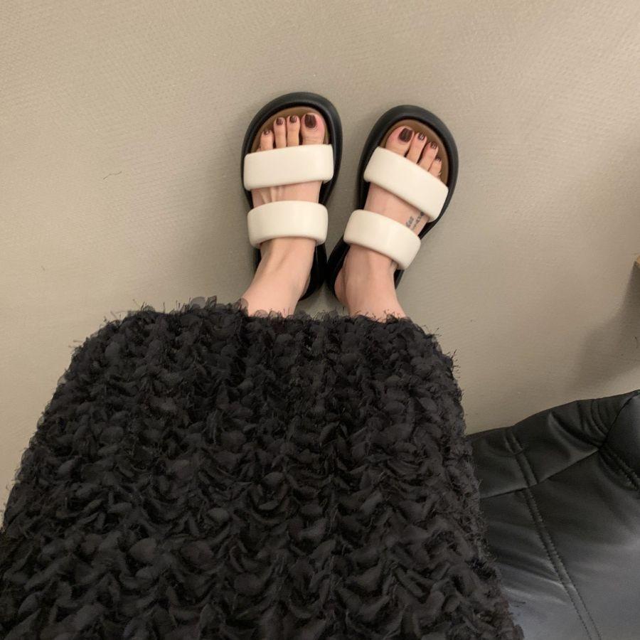 Sandals Women's Summer 2025 New One-word Thick-soled Heightened and Thin Muffin Sandals French Evening Breeze Cool Slippers Tide