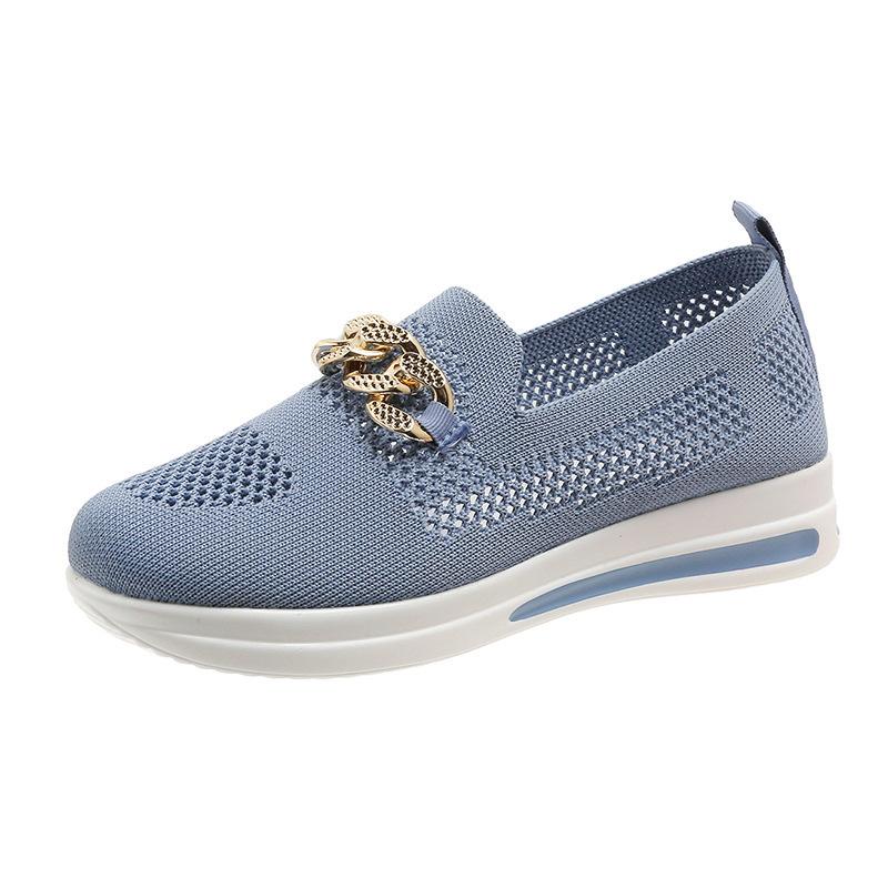 European and American New Large-size Foreign Trade Women's Shoes Fly-woven Breathable Hollow Upper Metal Chain Slope Heel Casual Single Shoes 43
