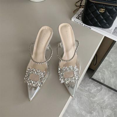Transparent High Heels Women's Shoes 2025 Crystal and Internet Celebrity Versatile Four Seasons Bag Head Crystal Slippers Women's Rhinestone Square Bu
