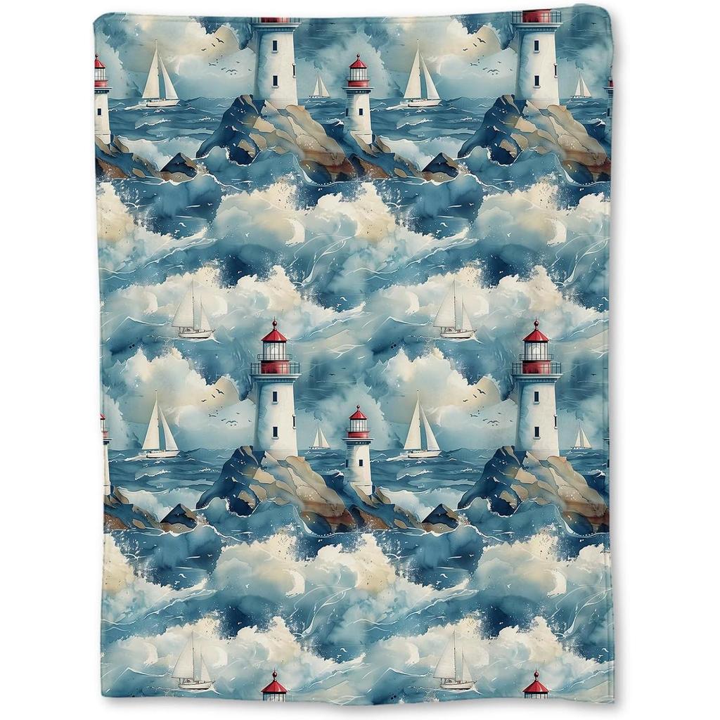 Scenic Lighthouse & Sailboat Blanket - Soft Lightweight Cozy Flannel Throw for Adults Kids Women, Stunning Coastal Design, Warm