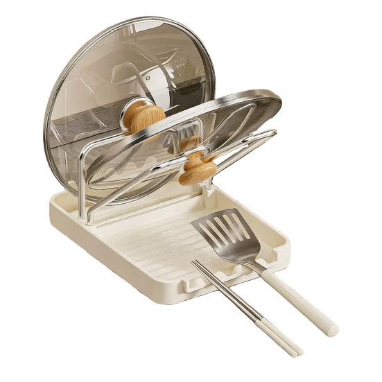 Pot Lid Storage Rack Kitchen Pot Lid Stand with Drain Tray Spoon
