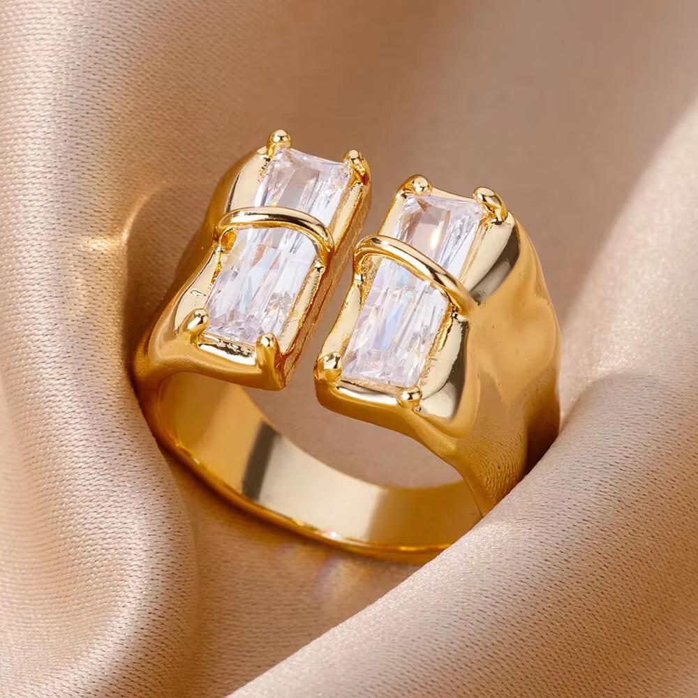 18K Gold Plated Open Ring with Zirconia Leaf Design - Luxurious, Non-Fading, Ideal for Women