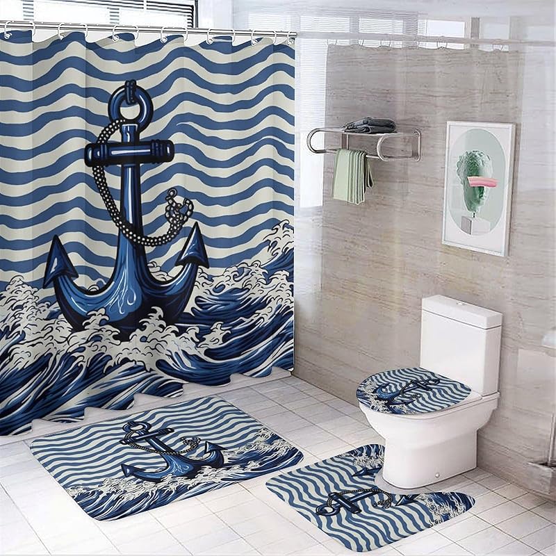 Balkabağı Kartalı Duş Perdesi Setleri Halılarla 4 Parça, Banyo Tuvalet Banyo Paspası için Dekor, 3D Baskı, Mavi Soyut Yabani Hayvan Vatansever Kuş Polyester