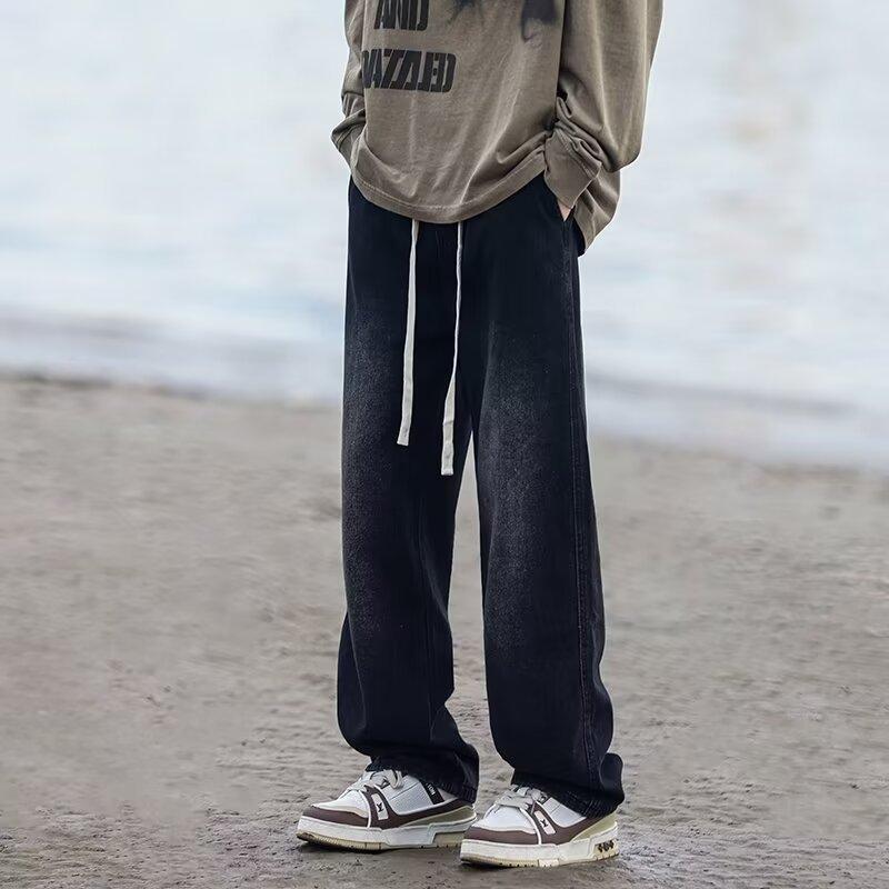 Trendy Brand Retro Ripped Tooling Wide-leg Jeans Men's Autumn American High Street Hiphop Loose Straight Pants