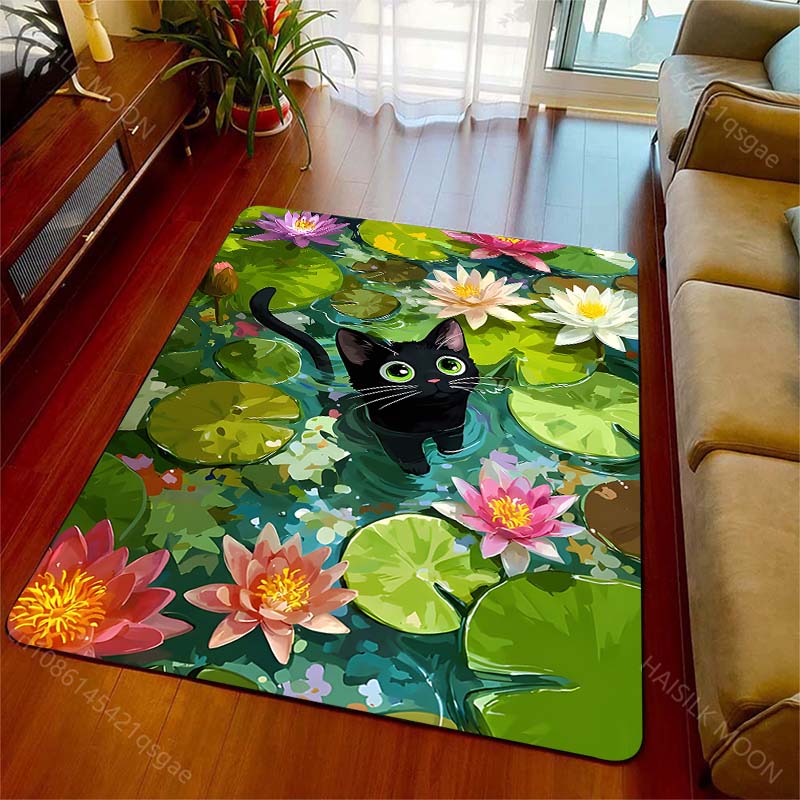 Multiple sizes Black cat in lily pond Carpet for Living Room Bedroom Sofa Home Decor Rus Non-slip Floor Mat Luxury Gift