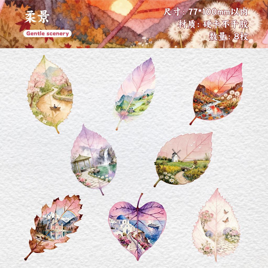 8Pcs Pack Leaf Landscape Creative Sticker Pack Fresh Healing Journal Collage Decor Decals