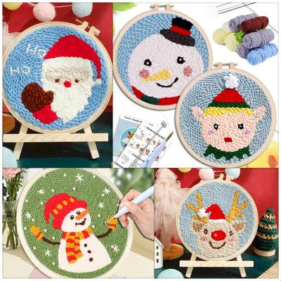 DIY Punch Needle Kits Easy for Beginners Christmas Style with Hoop Embroidery Punch Needle Starter Yarn Sewing Diy Set Gift
