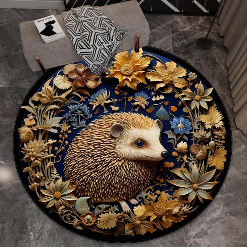 Hedgehog with Flowers and Nature Design Round Rug Soft Crystal Velvet Floor Mat Animal Theme Home Decor Living Room Carpet