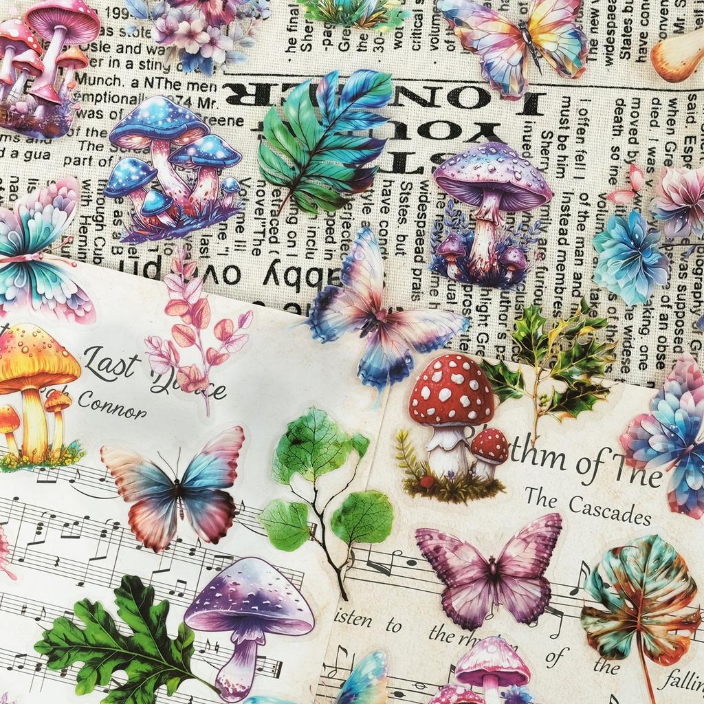50 PET Stickers Creative Mushroom Leaves Hand Account Transparent Plant Hand Account Sticker Package Material Decoration
