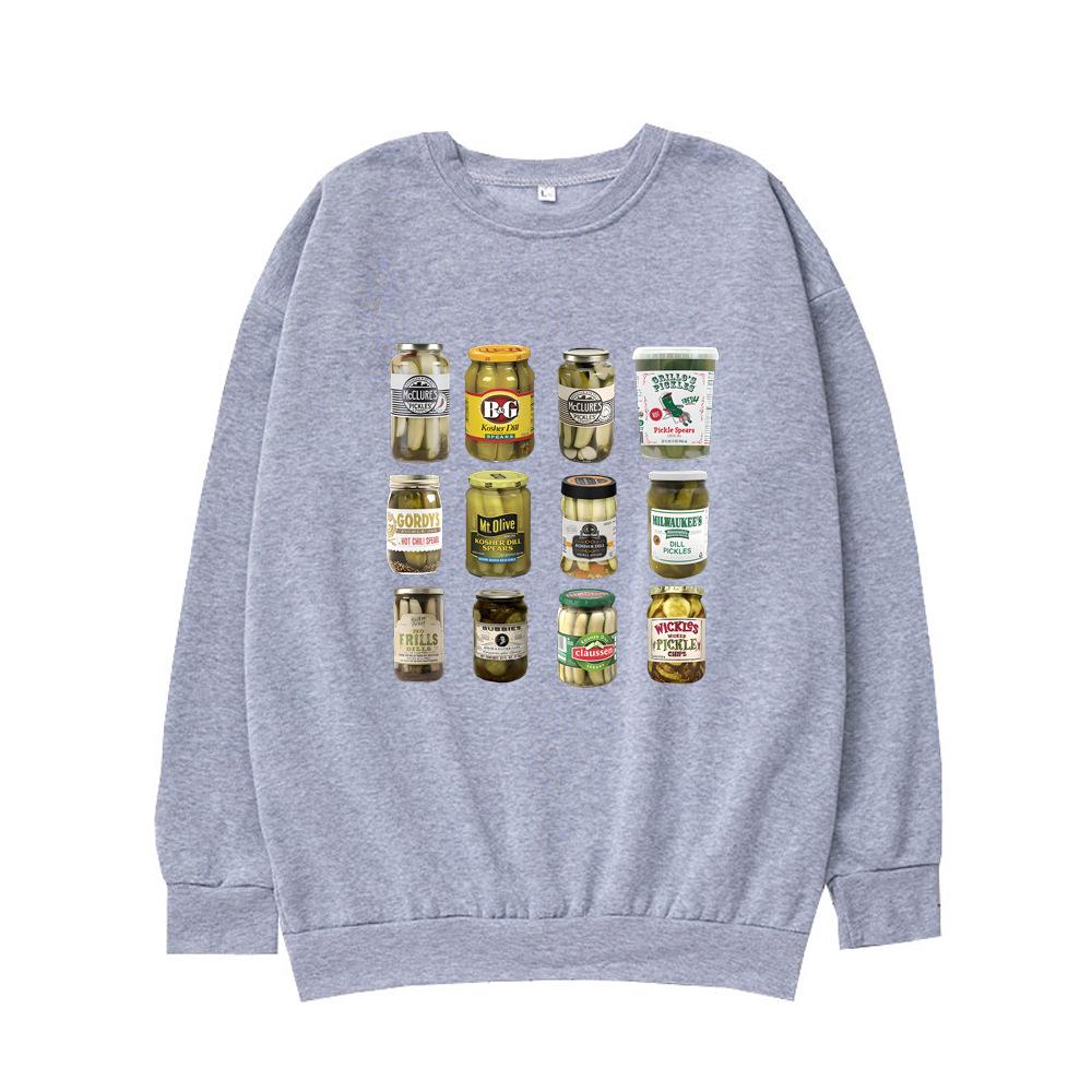 Retro Pickle Jar Printed Round Neck Pullover Hoodie