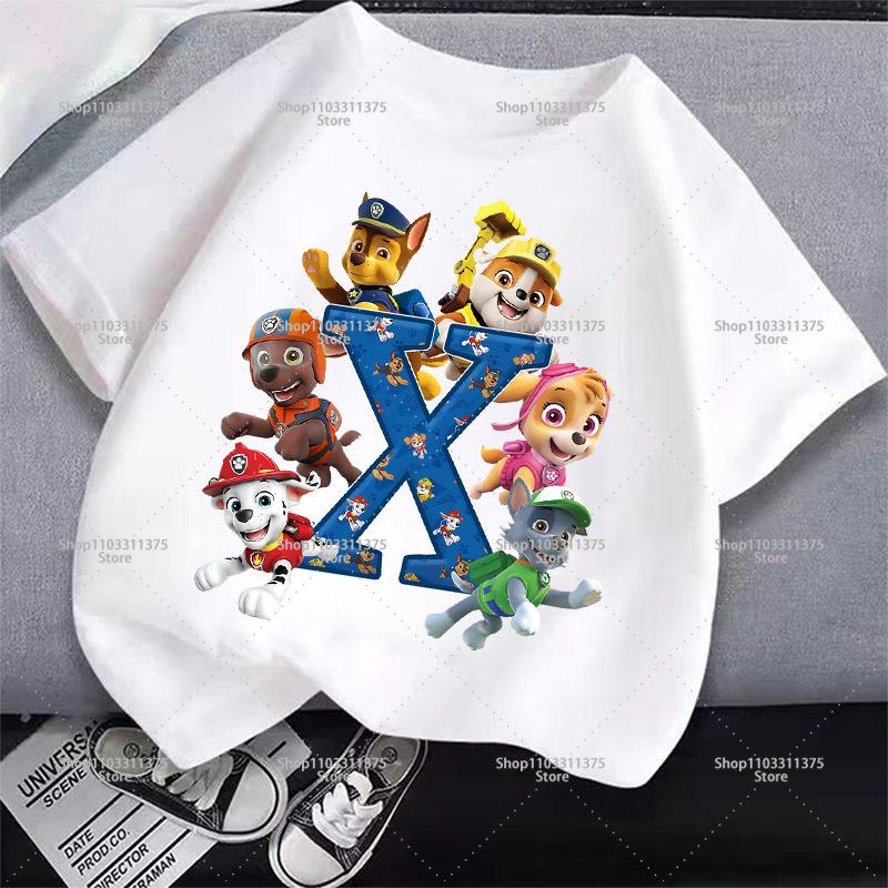 Cute PAW Patrol T-shirt Letter A-Z Boys Girls Clothes Short Sleeve Summer Cartoon Kids Birthday Toddler Cotton Outdoor Wear Gift