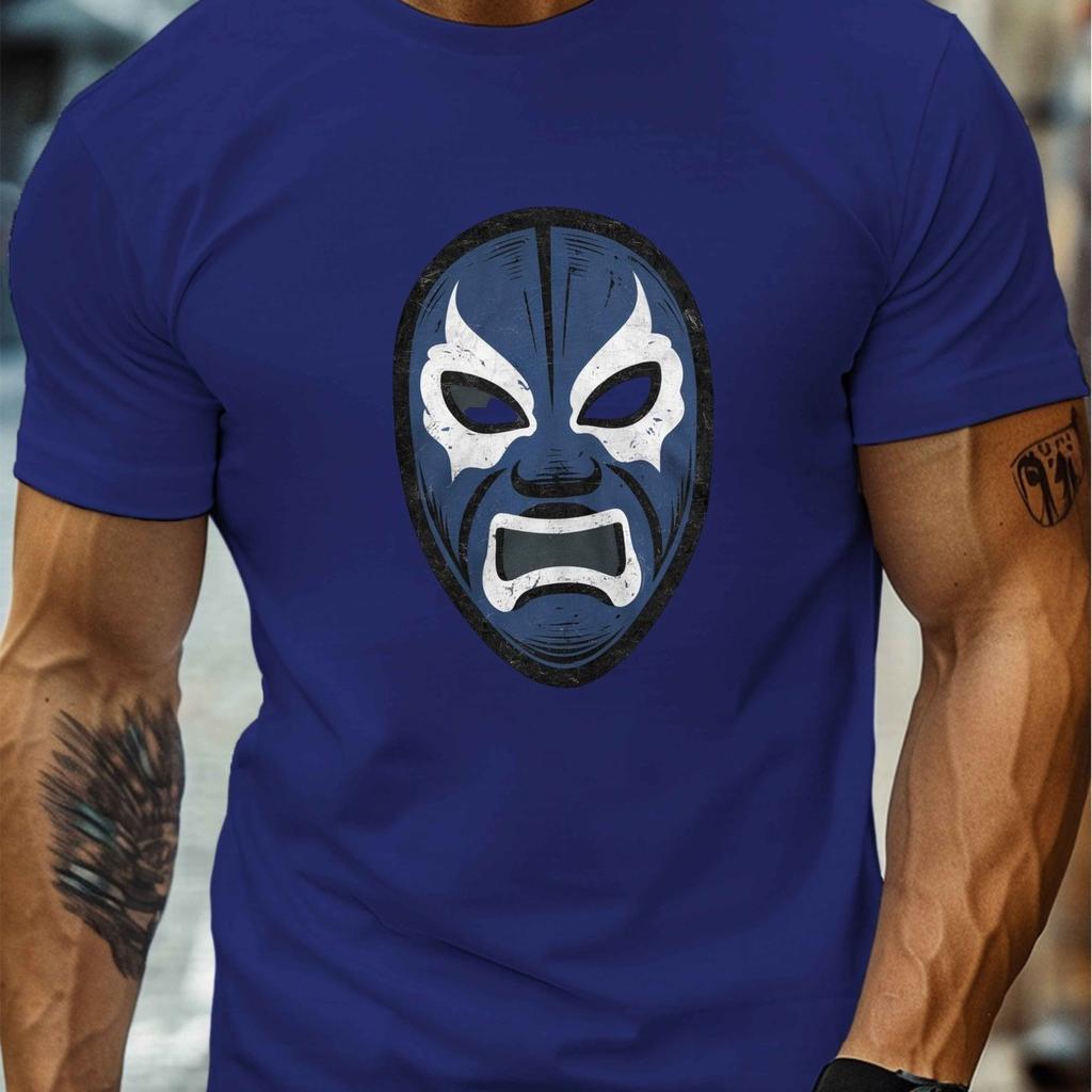 Luchador Mask Blue Print Mens Cotton Graphic Tee Crew Neck Short Sleeve Casual TShirt