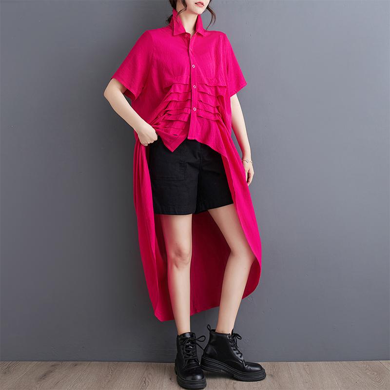 Dimanaf 2025 Women Plus Size Spring Summer Shirt Long Blouse Short Sleeve Buttons Asymmetrical Tops Tees Loose