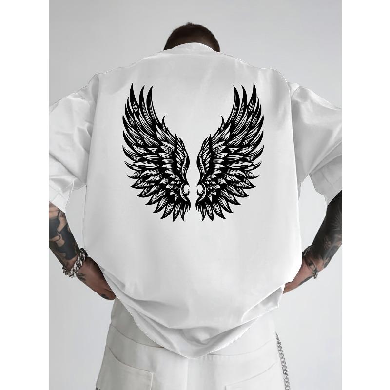 European Size Men's Black Short Sleeve T-Shirt with Wing & Feather Back Print - Soft 100% Cotton Loose Fit Casual Tee for Gym, Sports & Casual Attire