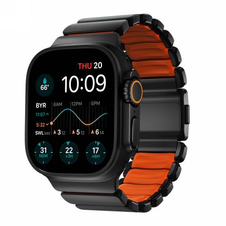 Pasek Nomad Stratos - Bransoleta Tytanowa do Apple Watch 49mm z Fkm (Tytan Czarny, Ultra Pomarańczowy Fkm) gray