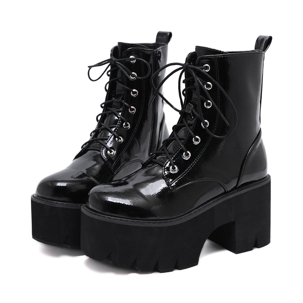 Women'S Side Zipper Platform Boots Comfy Round Toe Lace Up Shoes Fashion Solid Color Comabt Boots Chunky Heels