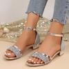 New Summer Thick Heel Large Size Sandals Women's Korean Version Fashion Rhinestone Button Open Toe Low Heel Roman Women's Shoes