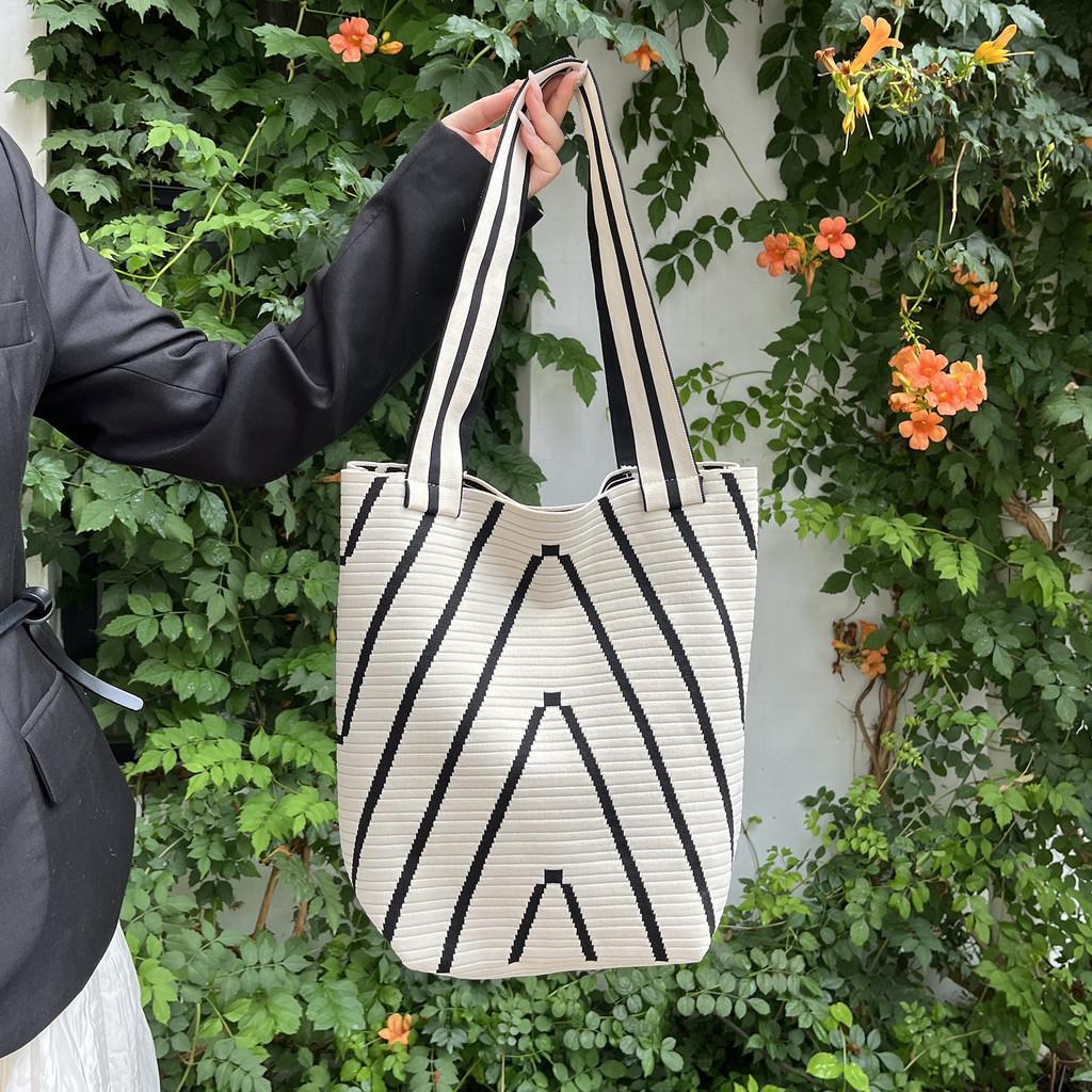 Stylish Korean Striped Knitted Women's Bucket Bag With Soft Fabric And Spacious Design