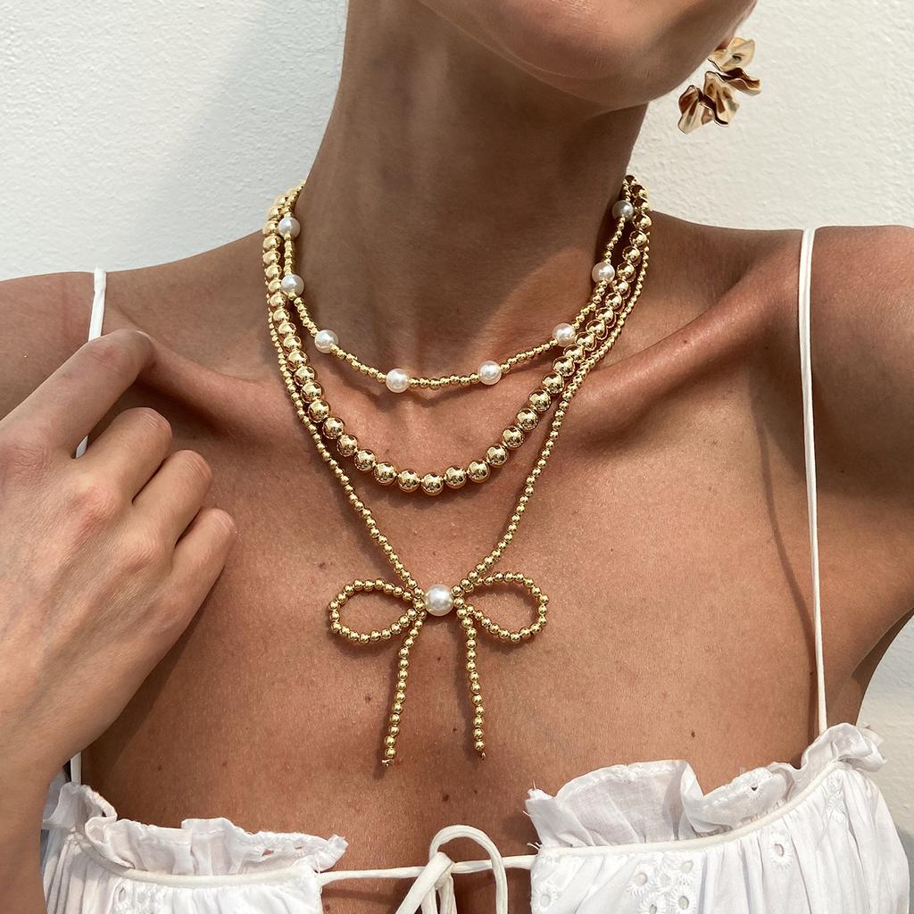 Bohemian Bow Pendant Necklace Vintage Faux Pearl Beaded Collarbone Chain