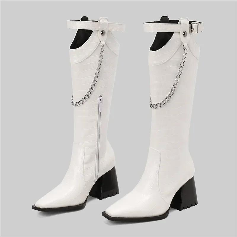 Winter Women Western Knee High Boots Yellow Brown Croc Block Heels Club Party Square Toe Vintage Buckle Chain Lady Cowboy Boots