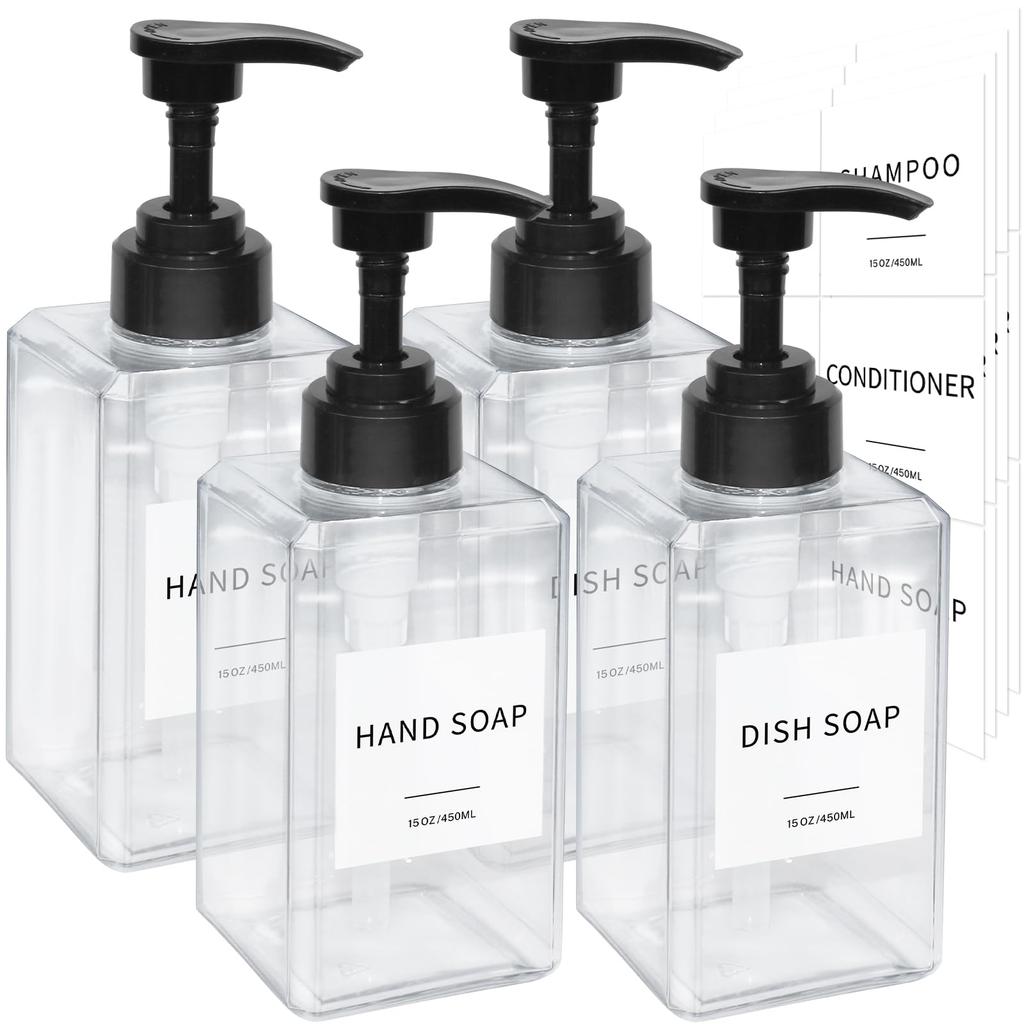 Clear Soap Dispenser with Waterproof Labels, Thickened Plastic Hand Soap Dispenser for Bathroom, Kitchen Dish Washing Liquid Bottles, Shampoo and
