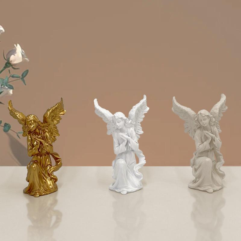 14cm Angel Figurines White Gold Sculpture Collectible Resin Statue Desktop Bookshelf Small Object Home Decoration Bedroom