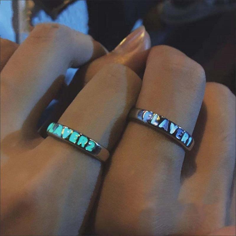 Fashion Blue Love Heart Luminous Ring For Women Men Retro Glow In Dark Copper Color Adjustable Couple Finger Rings Jewelry Gift