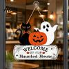 Creative Holiday Souvenir Halloween Wood Welcome Door Sign, Pumpkin Ghost Black Cat Hanging Decor for Spooky Party Supplies Front Door, Rustic