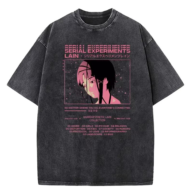 Japanese Anime Serial Experiments Lain Vintage Washed T Shirt High Quality Manga Short Sleeve Fashion T Shirt Women