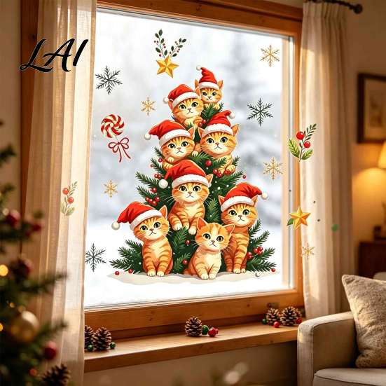Cat Christmas Tree Decals Static Window Clings Orange Glass Stickers Santa Hat Kitten Holiday Decorations Xmas Decals Reusable Festive Decor