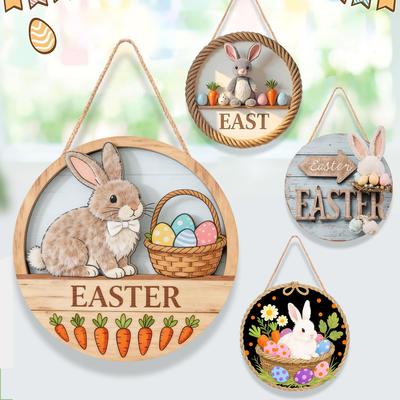 Easter Round Wooden Door Sign with Rabbit and Colorful Eggs