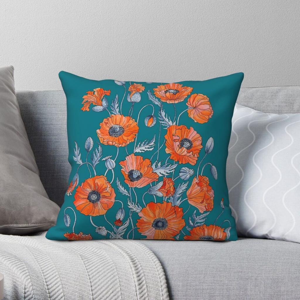 Floral Botanical Poppy Square Pillowcase Polyester Linen Velvet Creative Zip Decor Room Cushion Cover