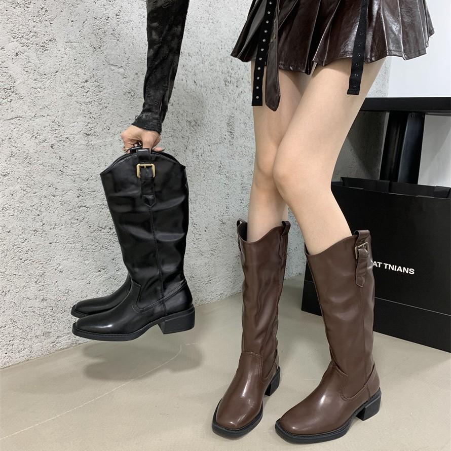 2025 autumn and winter new cow belt buckle V-mouth thick-soled knight boots velvet but knee-high boots women