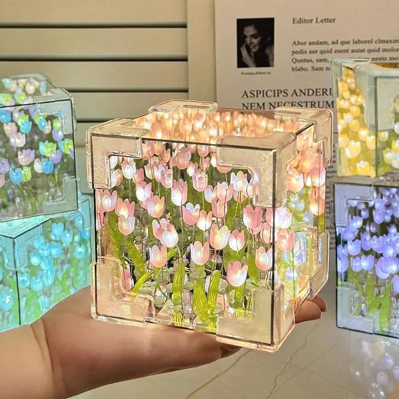 1Pc DIY Creative Tulip Flower Sea Cube 3D Night Light Handmade Craft Tulips Bedroom Lamp Girlfriend Couple Birthday Gift
