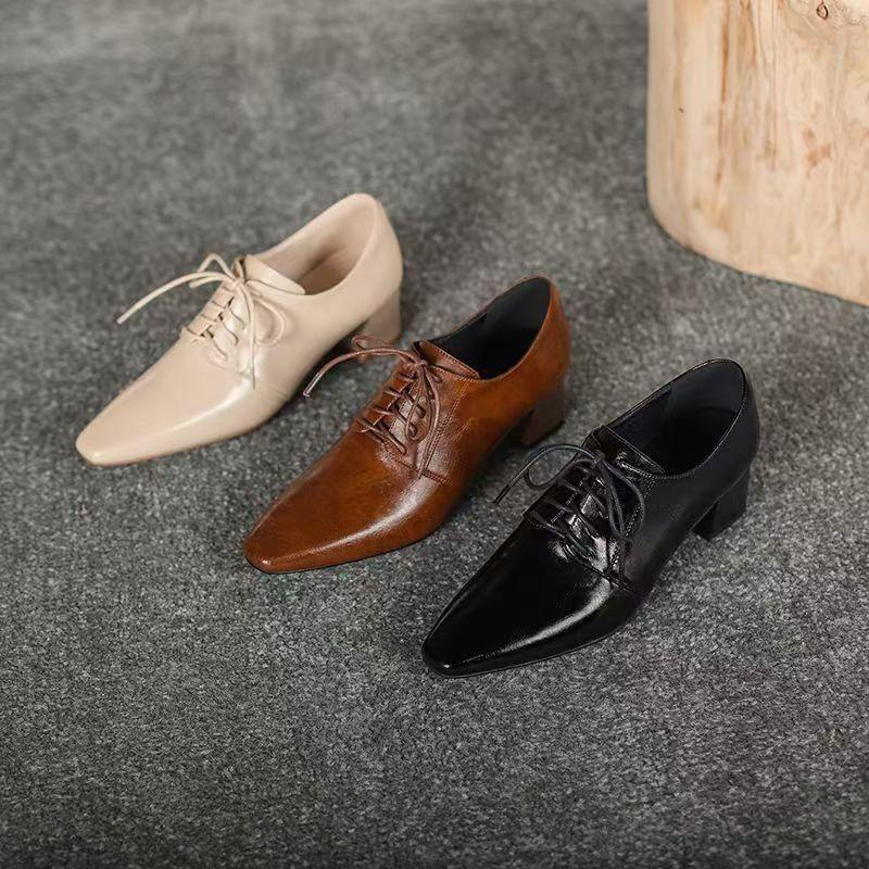 Spring 2025 new casual lace-up single shoes women's thick heel high heel square head deep mouth fashionable versatile small leather shoes