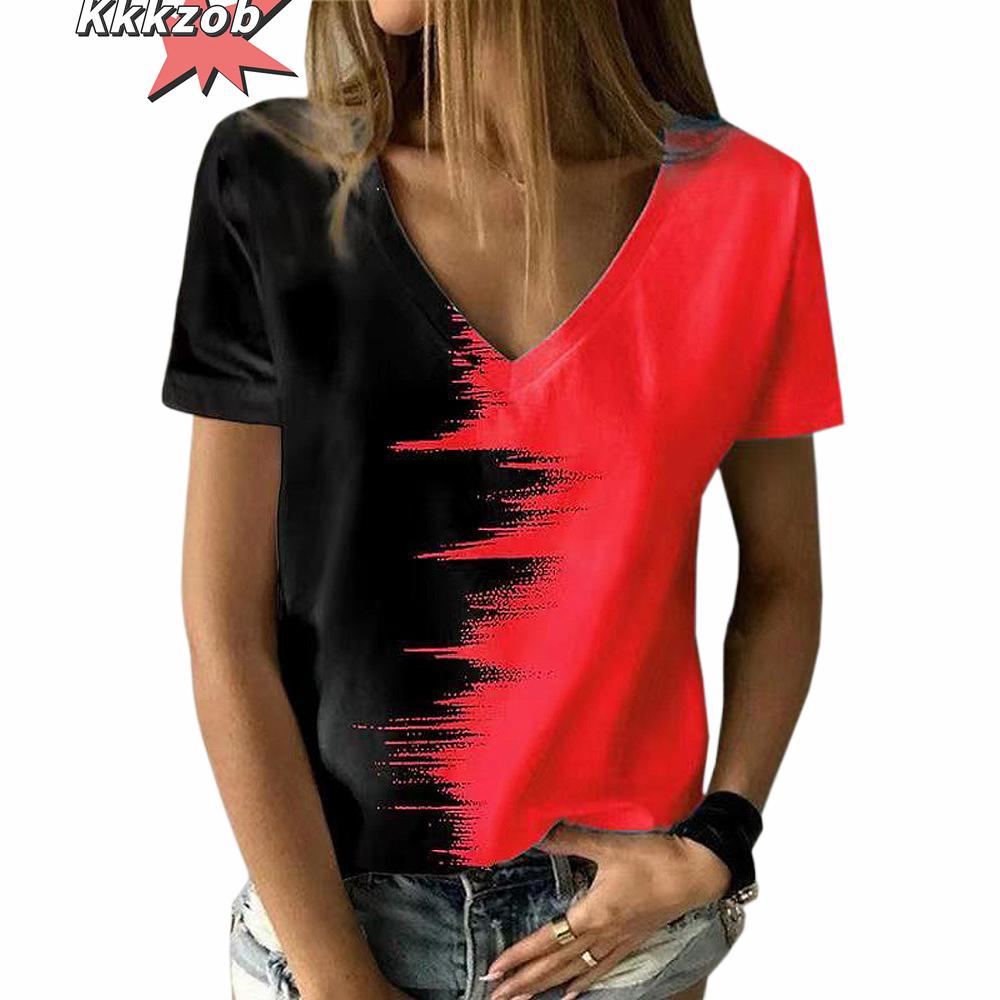 Women's T-Shirt Solid Color Gradient 3D Printing V-Neck Women's Tops Summer Women's Casual Fashion Loose Hundred Short-Sleeved