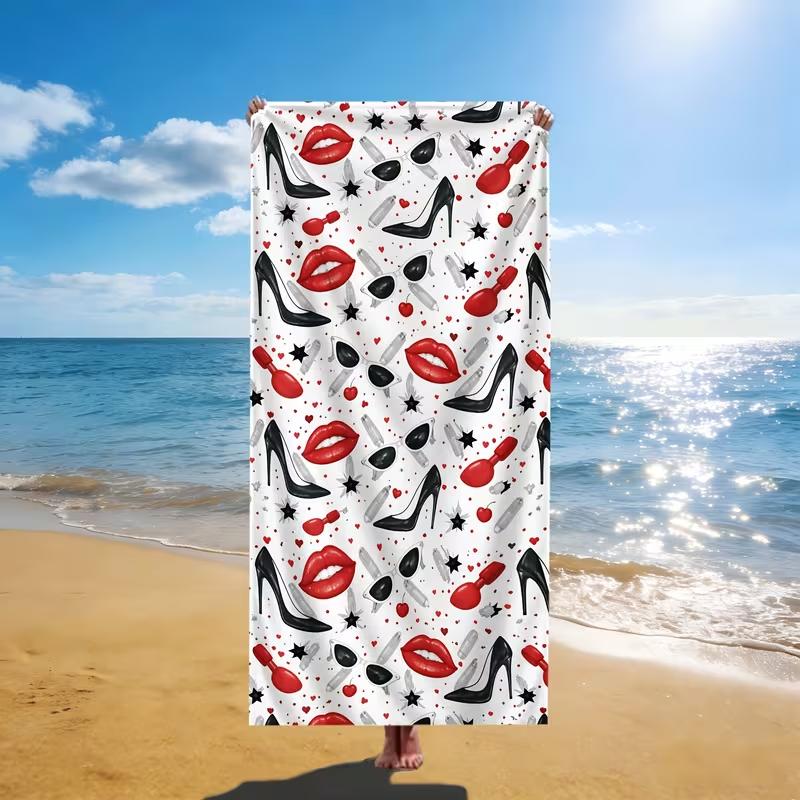 Leopard Print Red Lips Beach Towel Quick Dry Soft Absorbent Sand Free Bath Towel for Women Summer Beach Vacation Pool Gym Travel