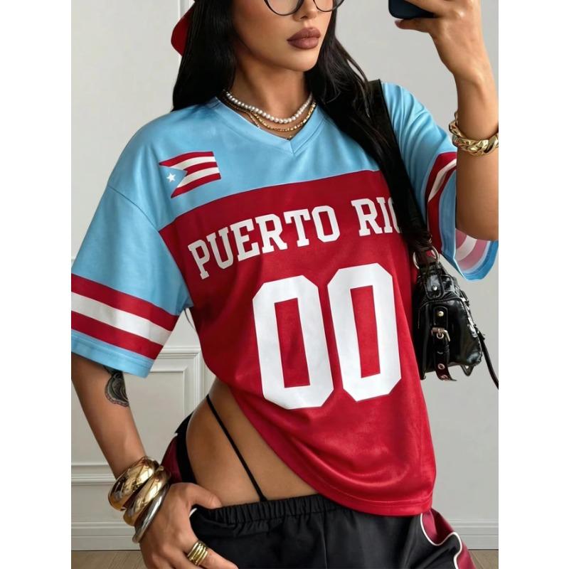 T-shirt Maillot de Sport Rétro Style Porto Rico Rouge et Bleu pour Femme Été Manches Courtes Coupe Ample Sportif Élégant Y2K Streetwear Tee