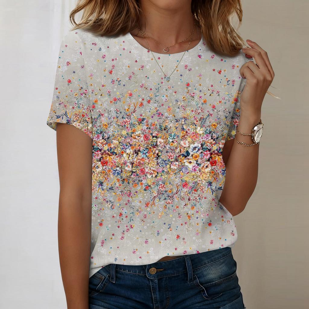 Women's Fashionable Casual Short-sleeved, Retro Printed Round-neck Top