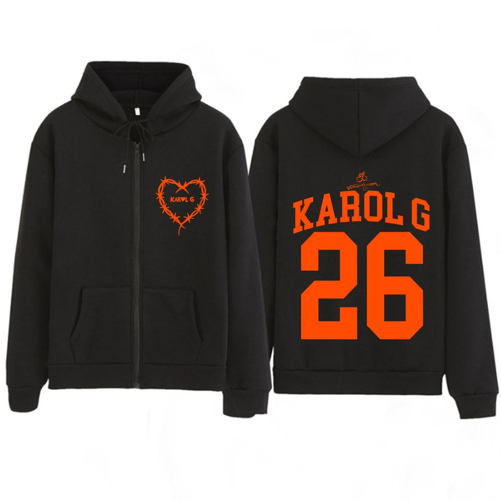 Karol G Tropicoqueta Tour Album Print Zip Up Hoodie Men Women Fashion Winter Long Sleeves Sweatshirts